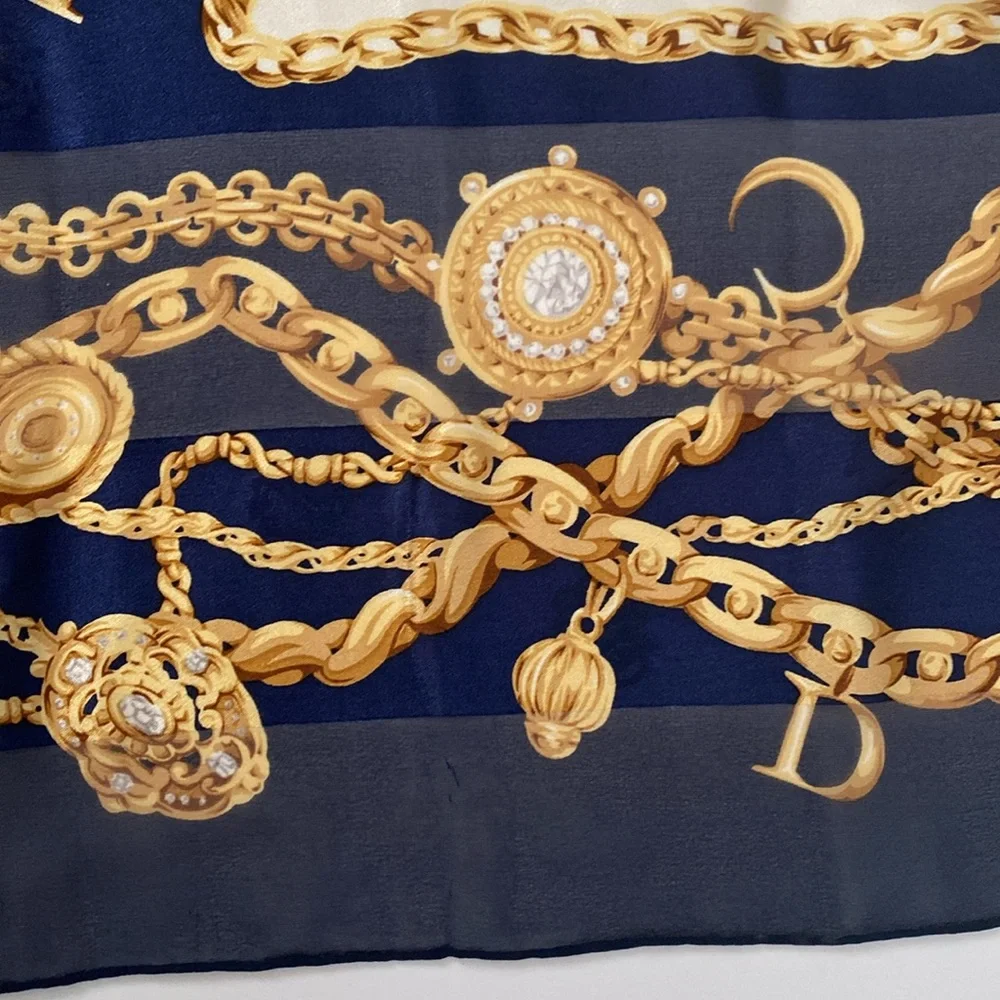 Christian Dior 100% silk scarf. Deep rich, navy blue gold cream color 34 x34